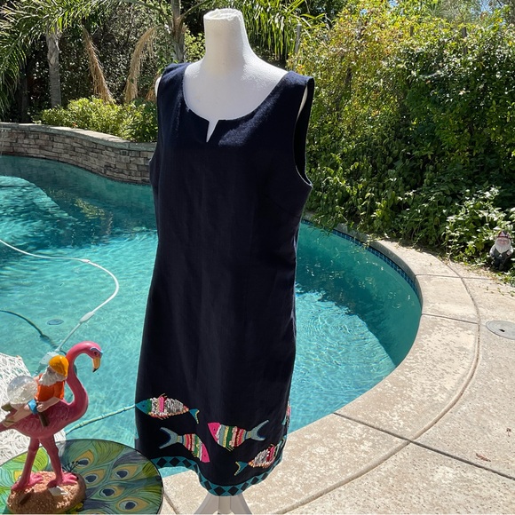 Talbots sequin Fish 🐟 embroidered embellished navy sheath Dress size 16 ⭐️ - Picture 4 of 9